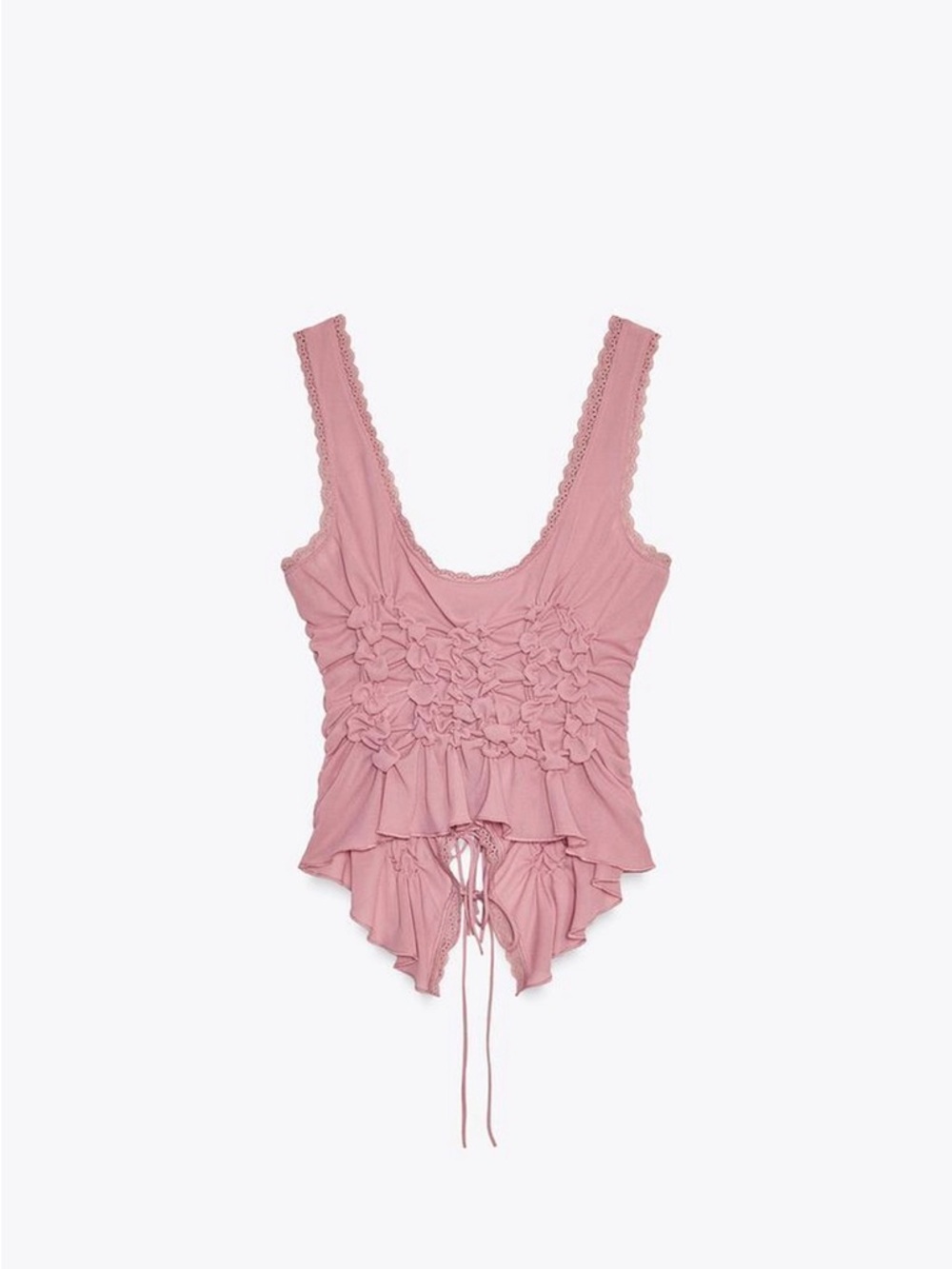 Zara Pink Lace-Trim Smocked Tie-Front Tank Top Bohemian Coachella Festival - Picture 3 of 6